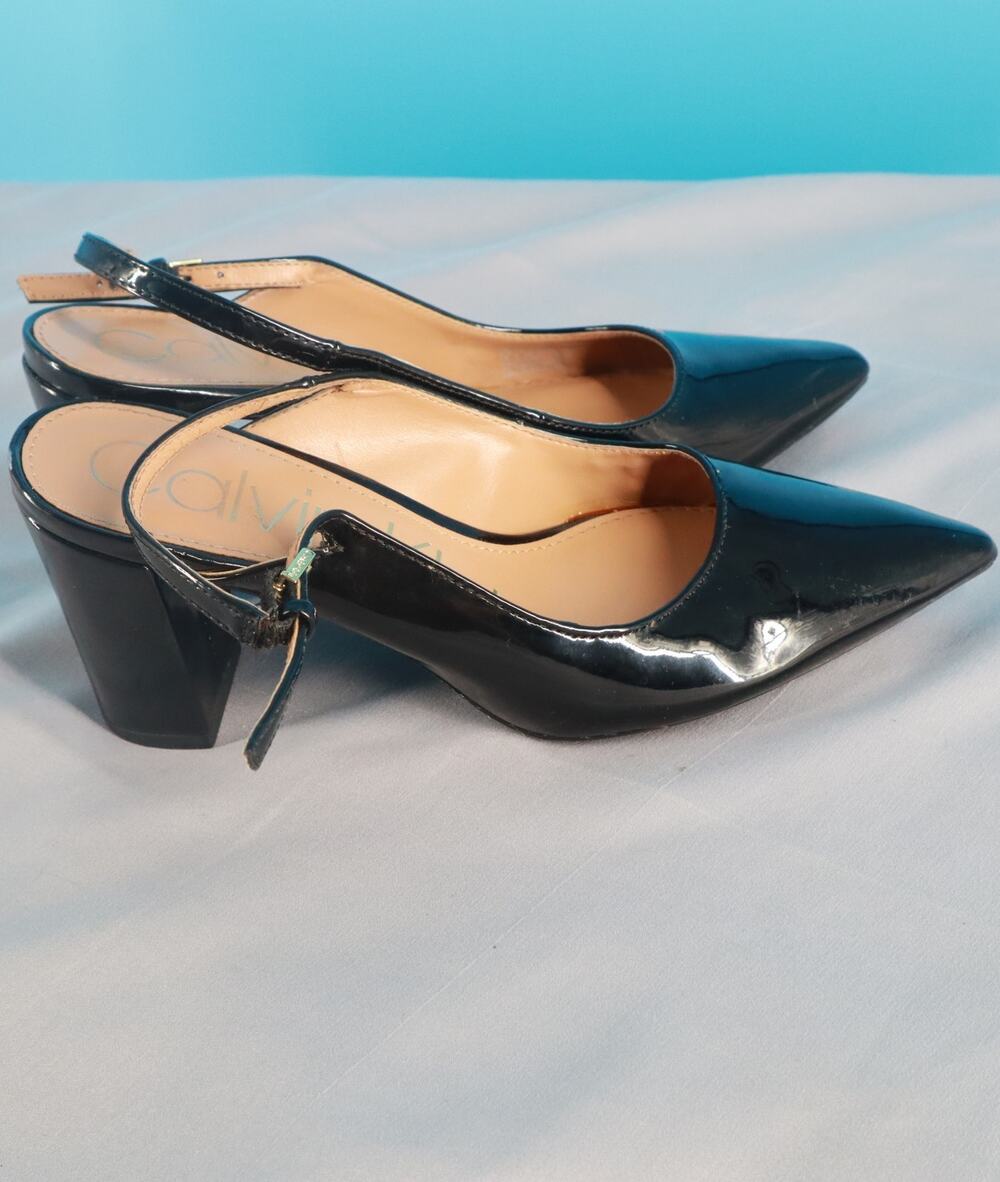 Calvin Klein Women's Black Patent Leather Slingback Pointed Toe Heels Size 6